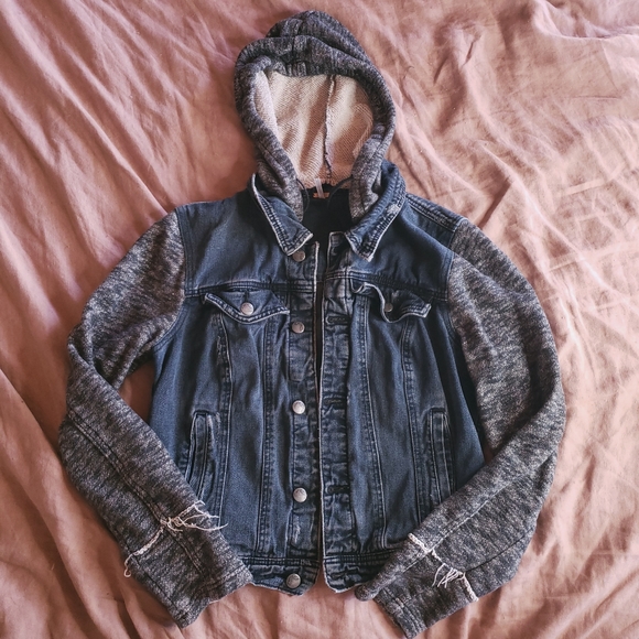 Free People Hooded Knit Button Front Jean Jacket